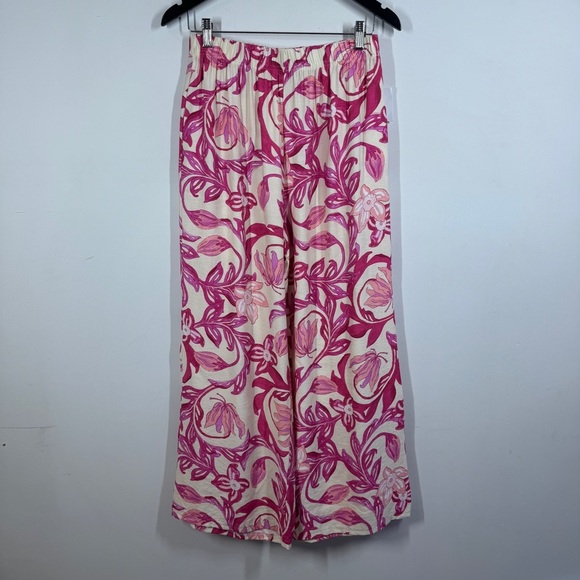 Pink Floral Cotton Linen Blend Resort Wear Boho  Pants Lightweight Size M/L - Picture 2 of 15